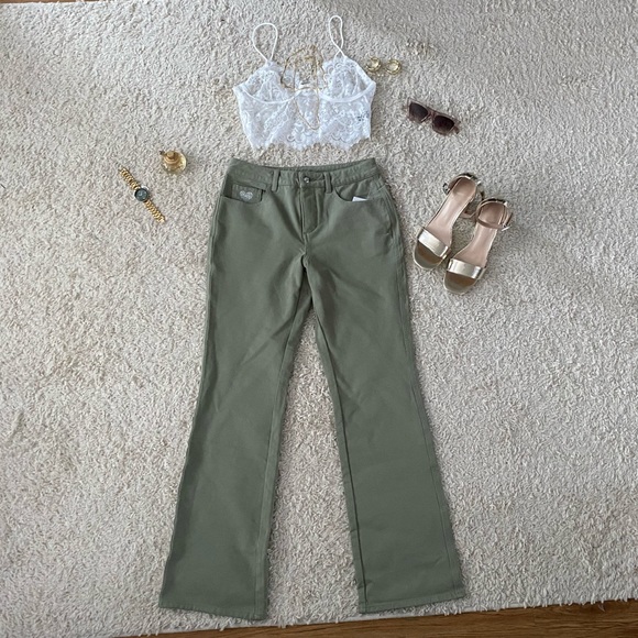 Olive Green Bootcut Flare Stretchy Jeans - Picture 1 of 4